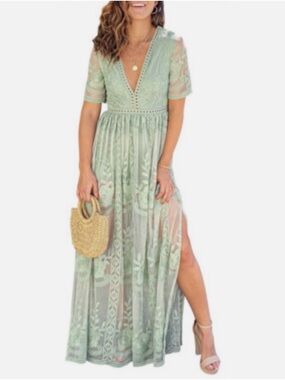 Mint Green Floral Lace Embroidered V-Neck Maxi Dress size small